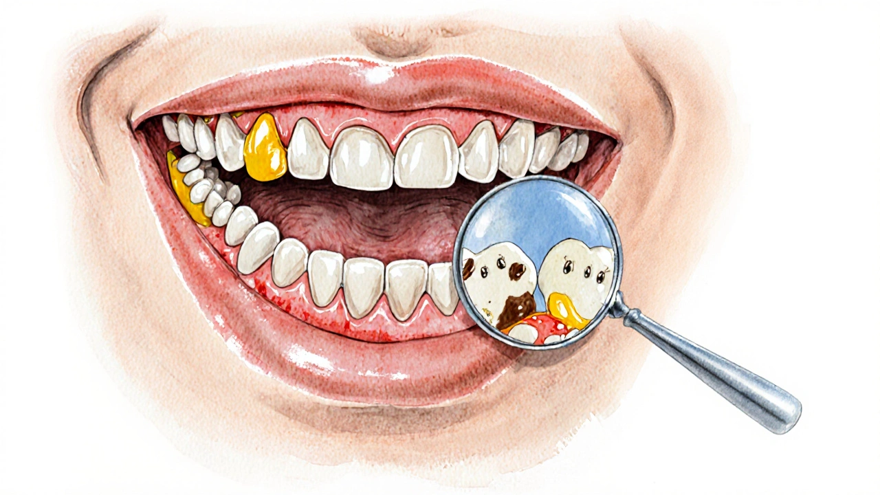 Vnitřní pohled do úst s viditelným plakem, zubním kamenem a zánětem dásní.