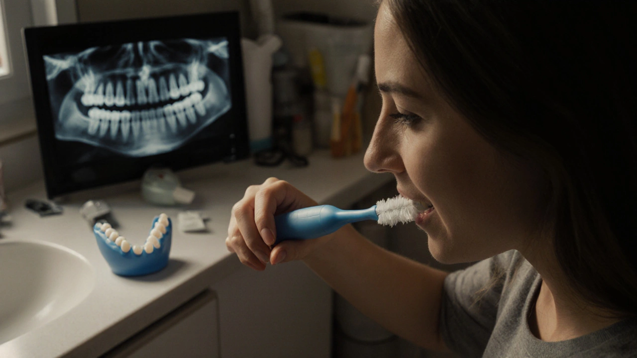 Žena používá ochranný štít a mezizubní kartáček při péči o zuby.