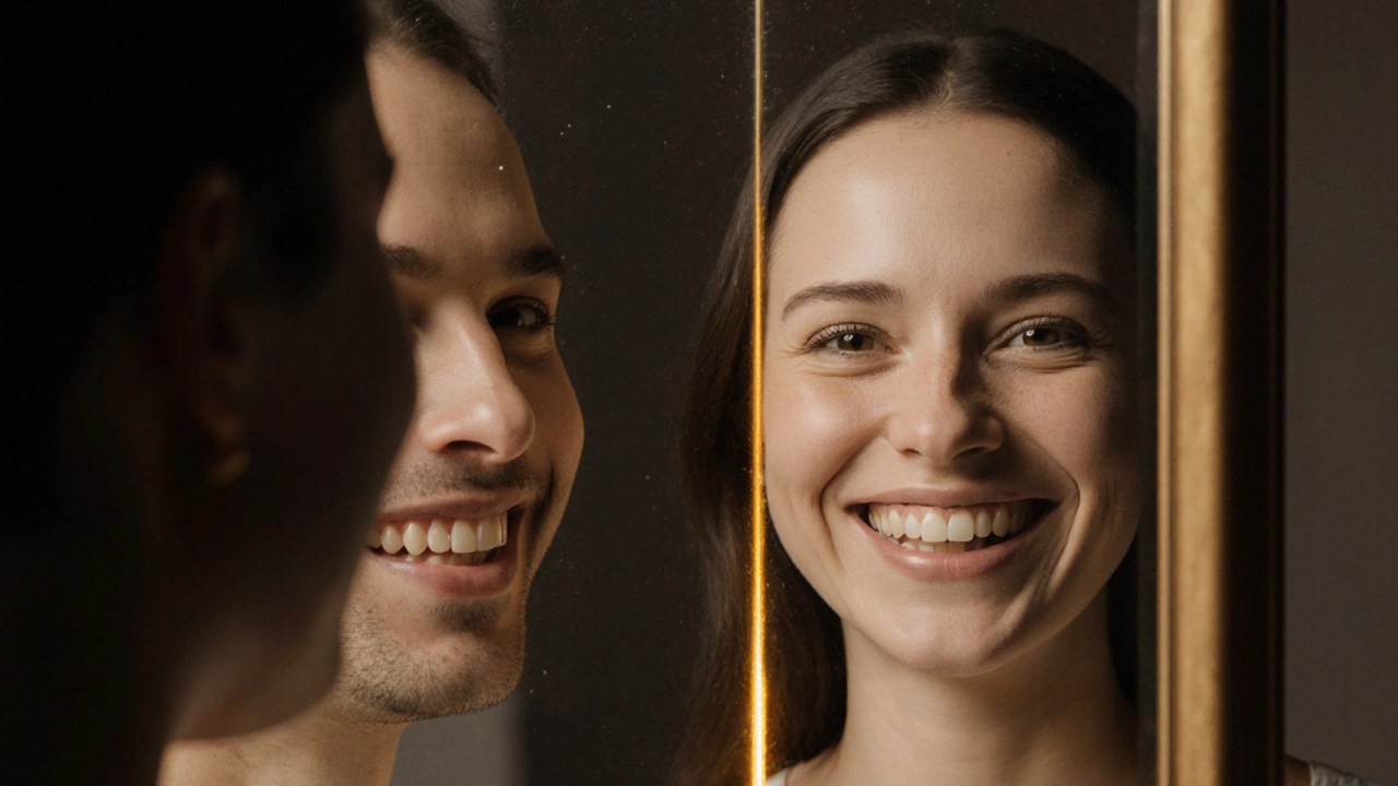 Zrcadlo ukazuje dvě verze osoby – s nekrásnými a pak s dokonalými zuby.