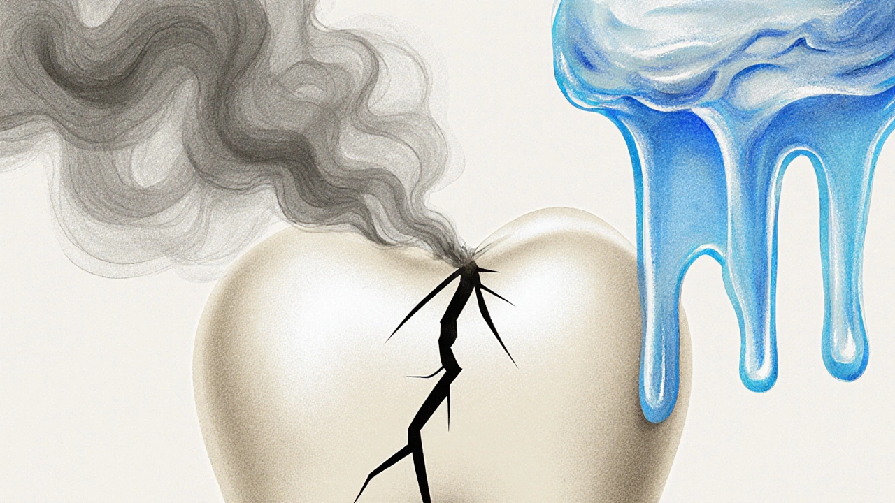 Zub s prasklinou rozšiřující se pod tlakem horké kávy a studené zmrzliny.