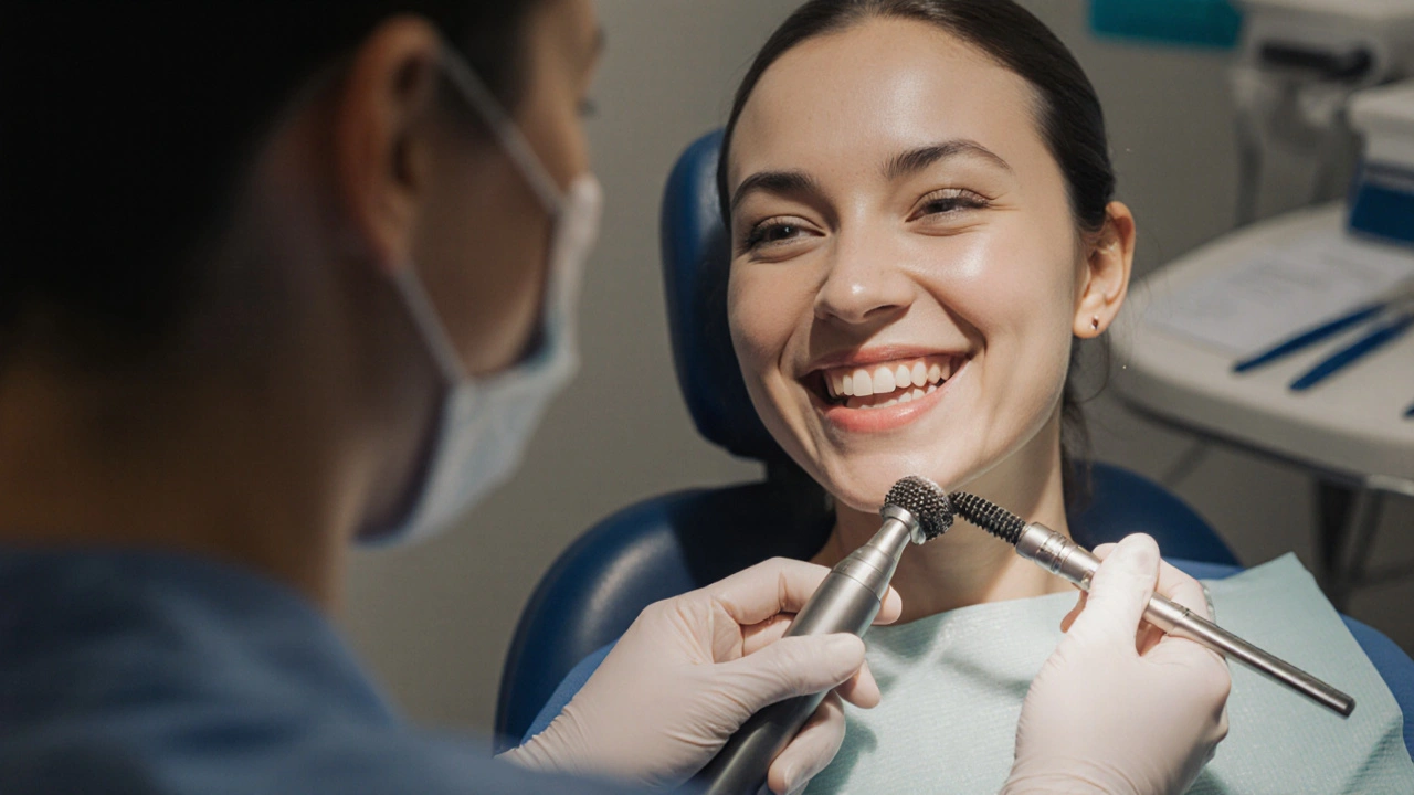 Zubař odstraňuje zubní kámen ultrazvukovým skrabařem.