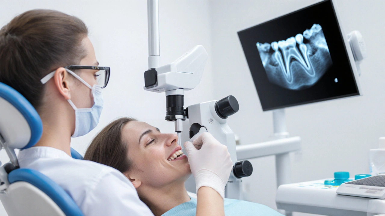 Zubař vkládá porcelánový vklad do předního zubu v klinice.