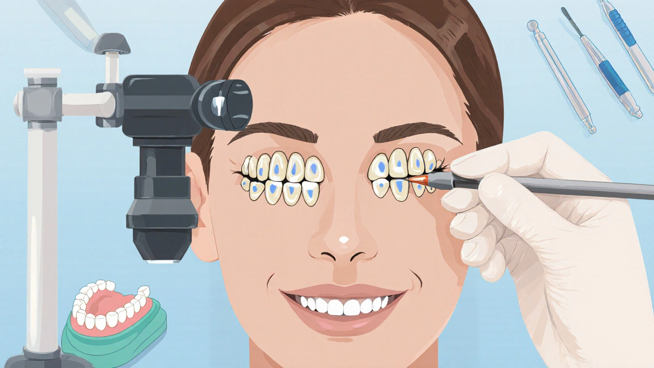 Zubní lékař připevňuje tenké keramické fazety na zuby pacienta.