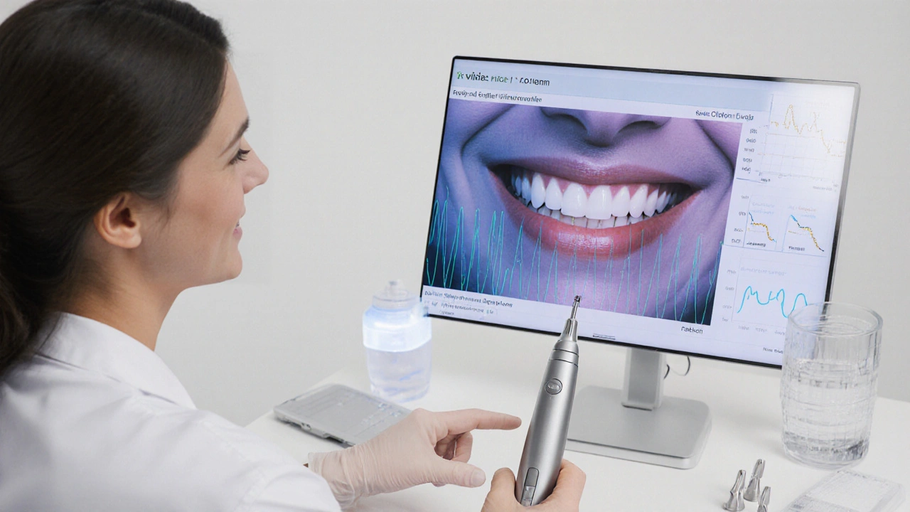 Zubní lékař vysvětluje pacientovi fungování ultrazvukového čističe v klinice.