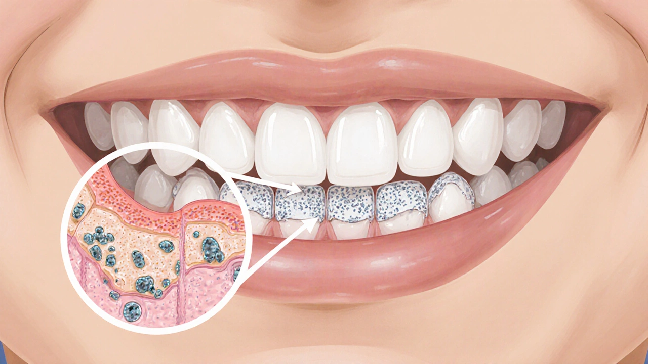 Zvětšený pohled na zubní kámen tvořící se na dásni u mléčných zubů.