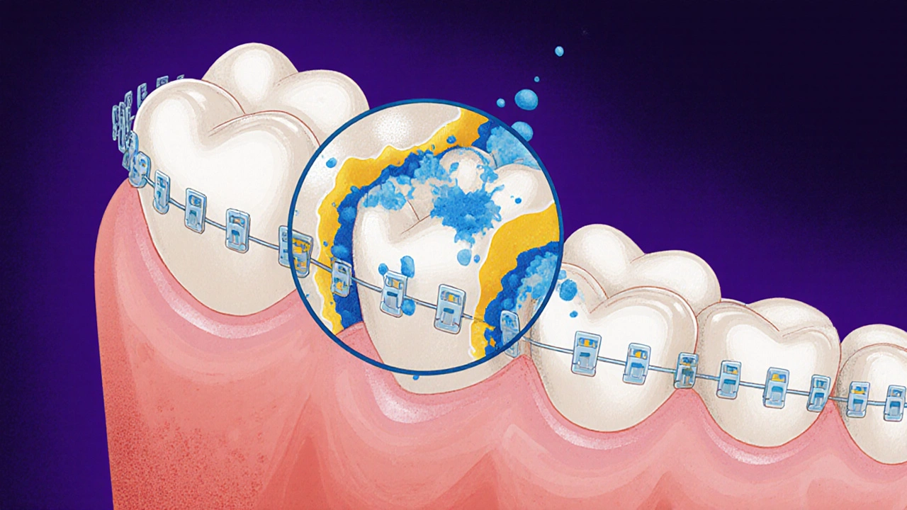Zvětšený pohled na zubní sklovinku s kyselinou ničící minerály kolem západky.