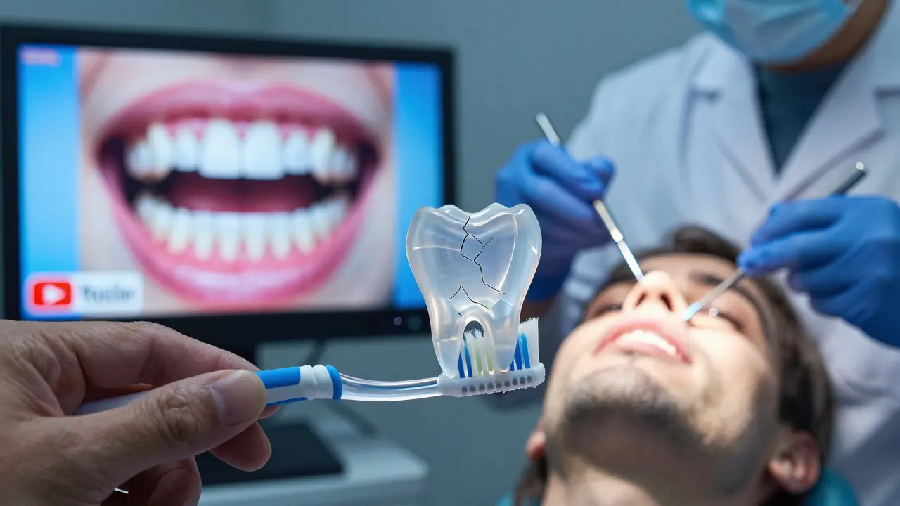 Člověk s kartáčkem a rozděleným obrazem: falešná reklama vs. skutečná péče o zuby.