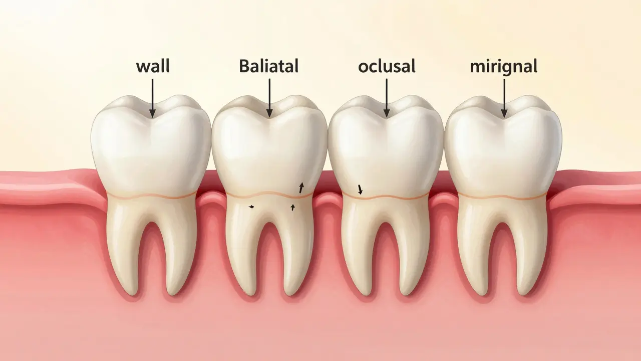 Cross-section of a tooth showing four types of preparation facets for restoration
