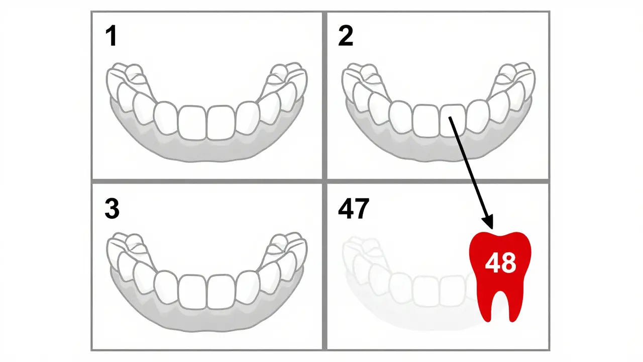 Dentální kvadranty ústní dutiny s označením zubu 48 v pravém dolním rohu.