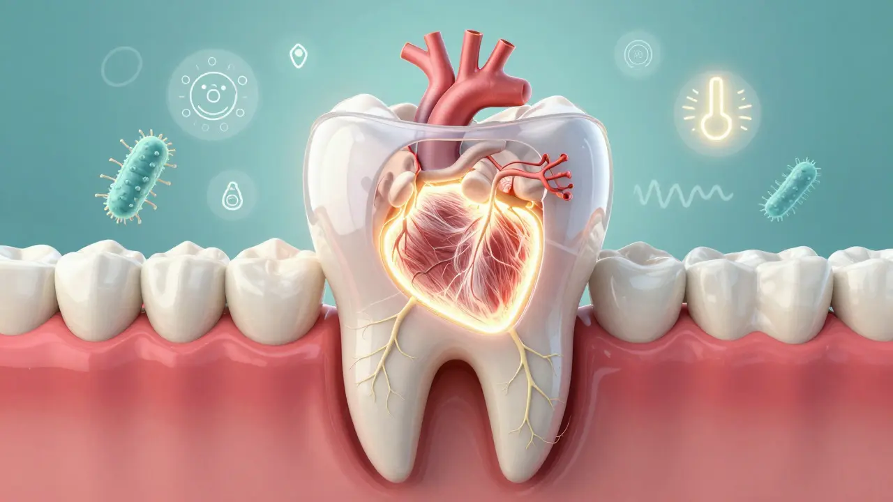 Dentin jako srdce zubu chráněné keramickou onlay proti kyselinám a teplotám.