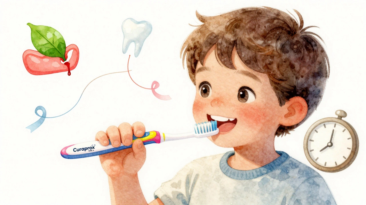 Dítě drží barevný Curaprox kartáček a šťastně se usmívá při čištění zubů
