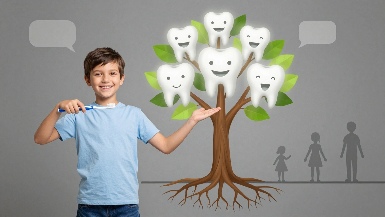 Dítě s jasným úsměvem drží kartáček, jeho ústa jsou spojena s kořenem stromu zubů.