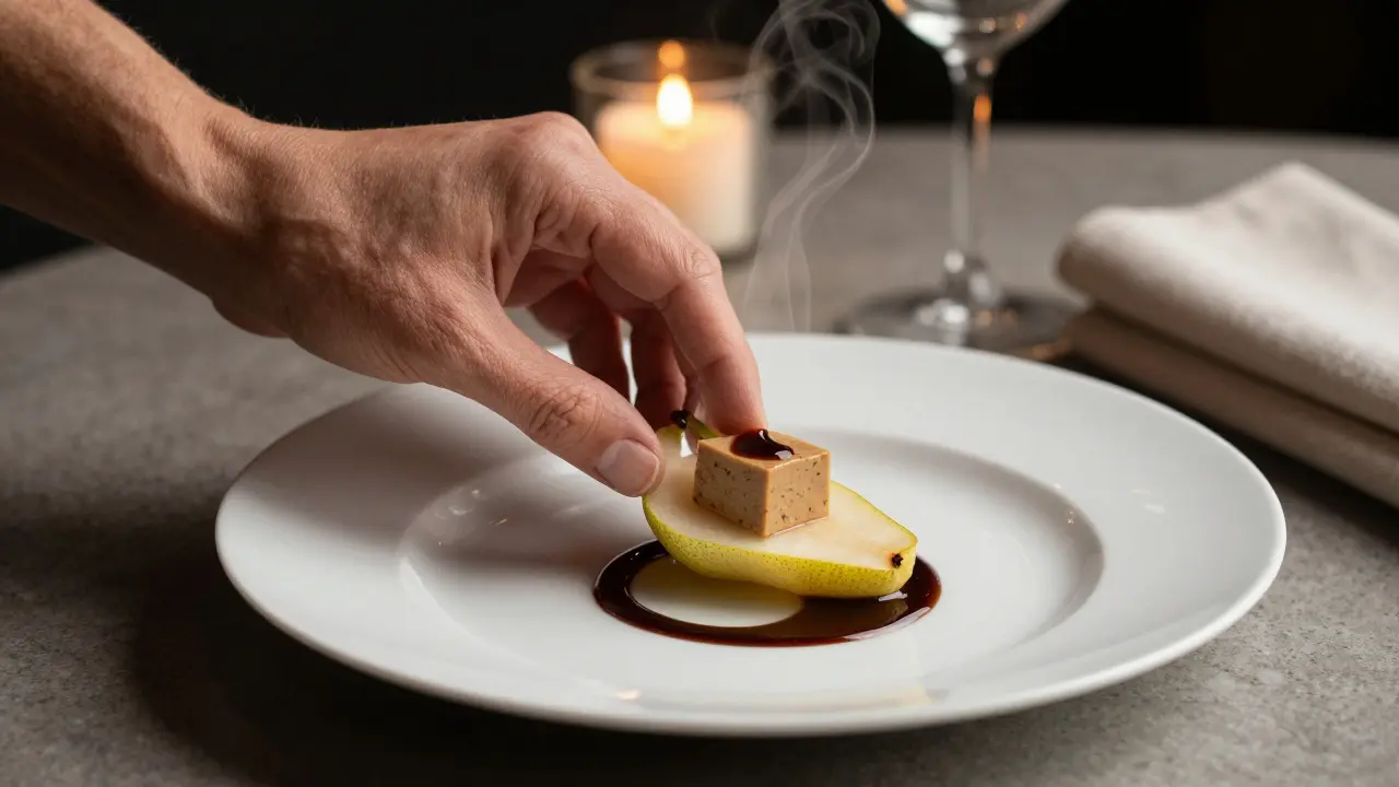 Drobná porce foie gras s hruškou na bílém talíři s jemným zábleskem oleje.