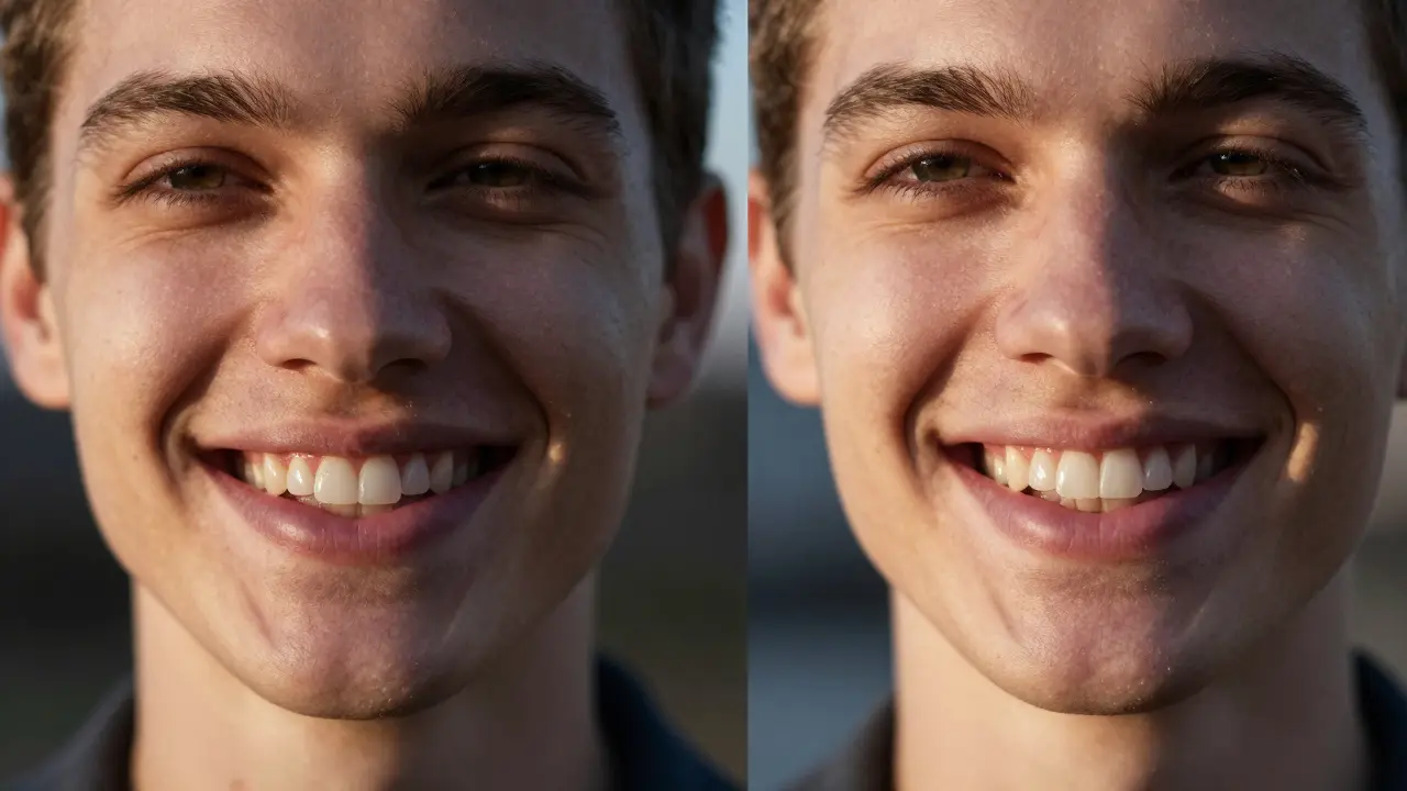 Dva portréty úsměvu: před a po aplikaci kvalitních fazet.