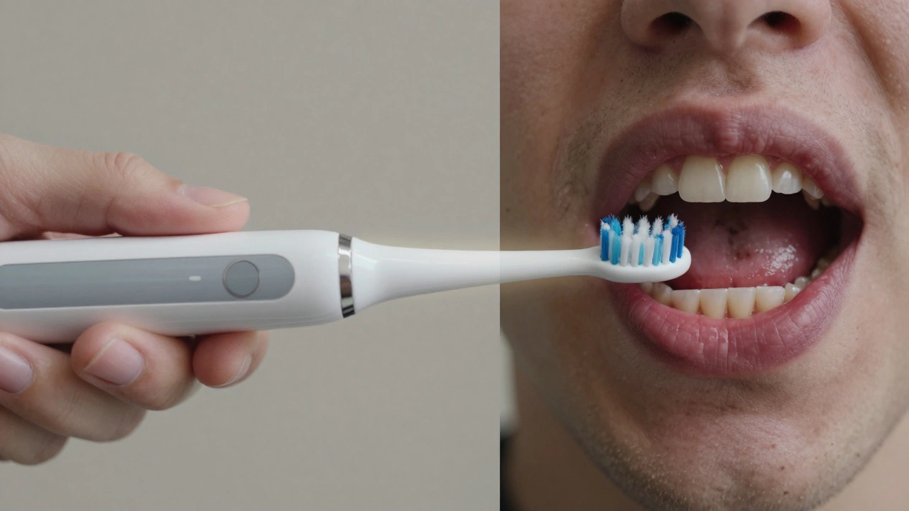 Dvě části: zdravé a nemocné dásně spojené ultrazvukovým čističem.