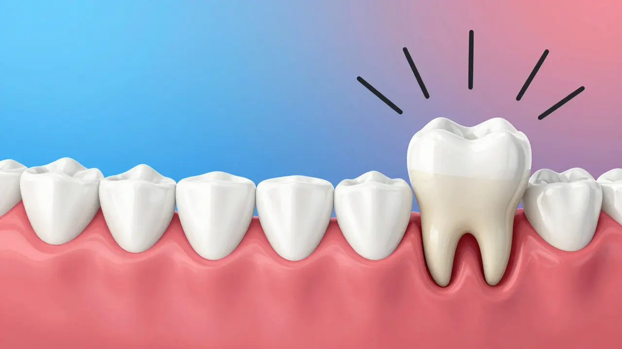 Dvojitý pohled: zdravé zuby vlevo a zuby s mezerou způsobenou růstem zubu moudrosti vpravo.