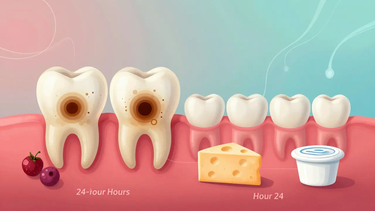 Ilustrace 24hodinového období po odbělení zubů s černými skvrnami a bílými potravinami.