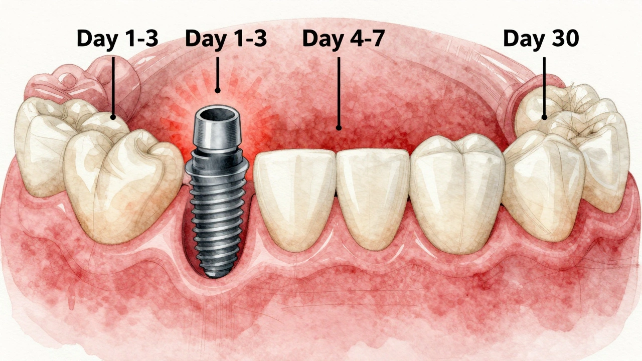 Ilustrace hojení implantátu: od zánětu po úplné zarůstání do kosti.