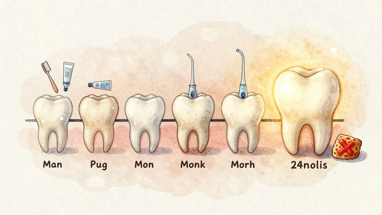 Ilustrace postupného posunu zubů během ortodontické léčby s vyznačenými riziky hygieny.