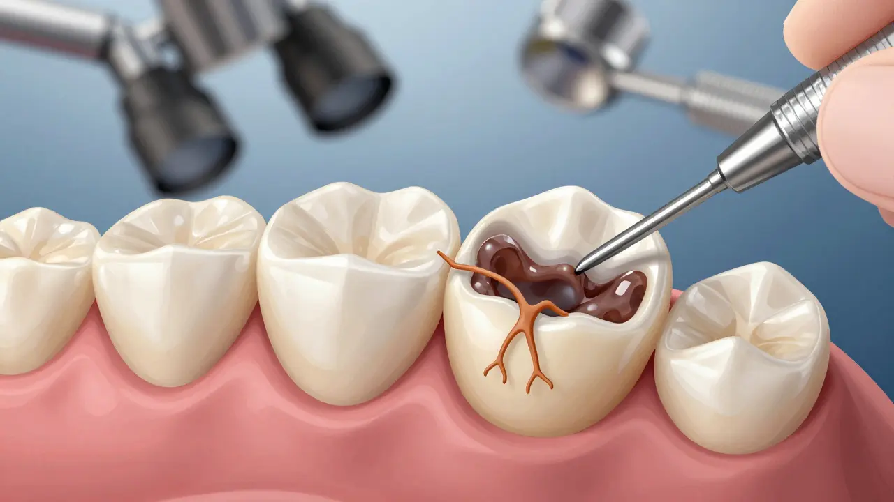 Keramická onlay přilepená k připravenému dentinu s detaily lepidla v tubulech.