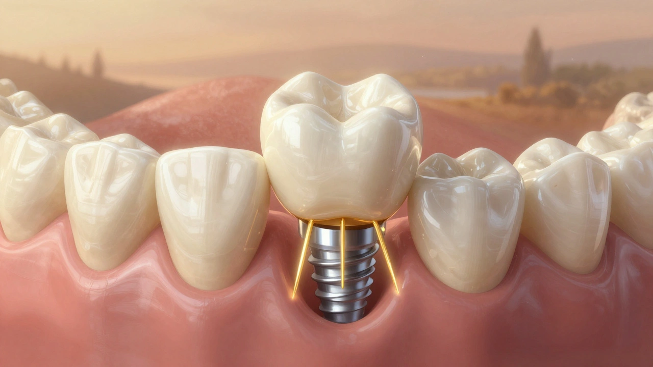Keramický zub integrovaný do čelisti s viditelným růstem kosti kolem implantátu.