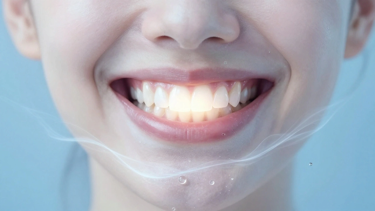 Konceptuální obrázek přechodné fólie nad zdravými zuby s kapekami slin.