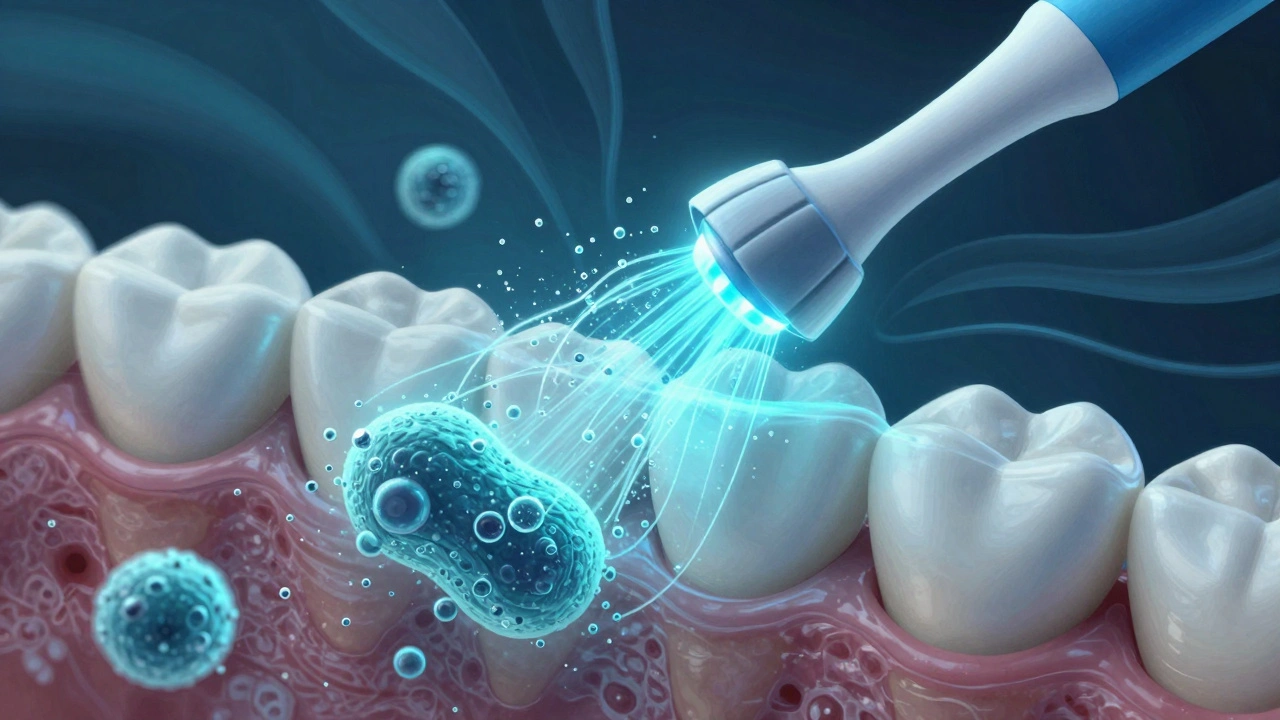 Mikroskopický pohled na ultrazvukové vlny a bublinky, které odstraňují zubní plak.