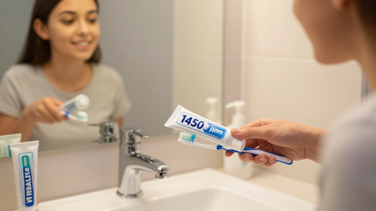 Osoba čistí zuby jemným kartáčkem s fluoridovou pastou v koupelně.