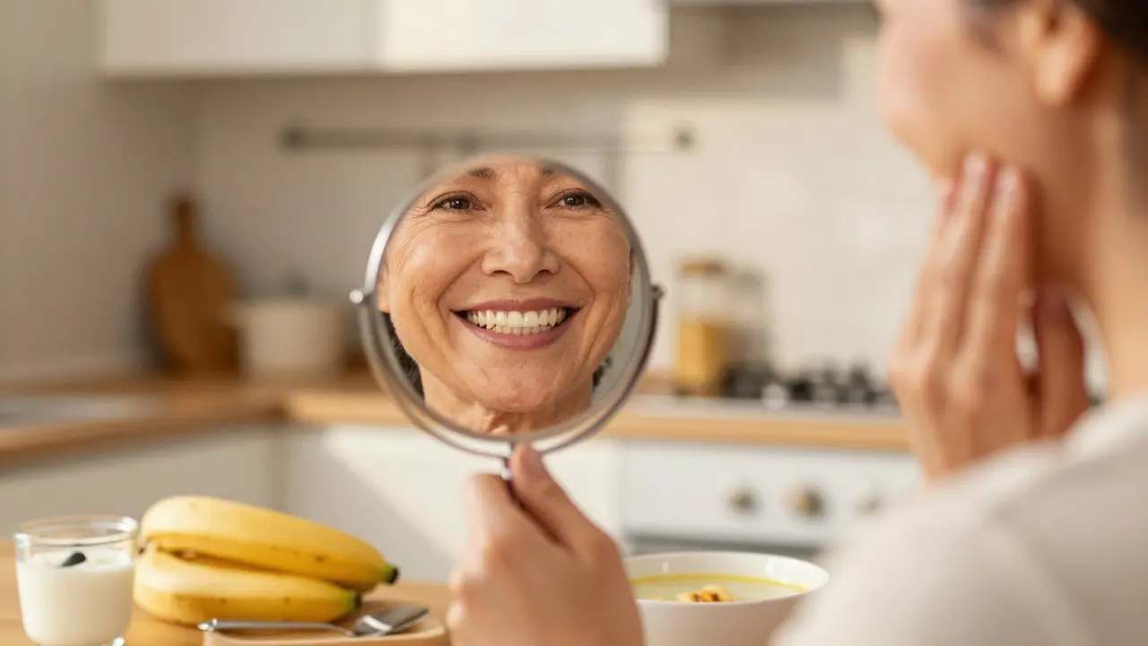 Osoba se smíchem ve zrcadle, viditelná přirozená zubní korunka, pozadí s zdravým jídlem.