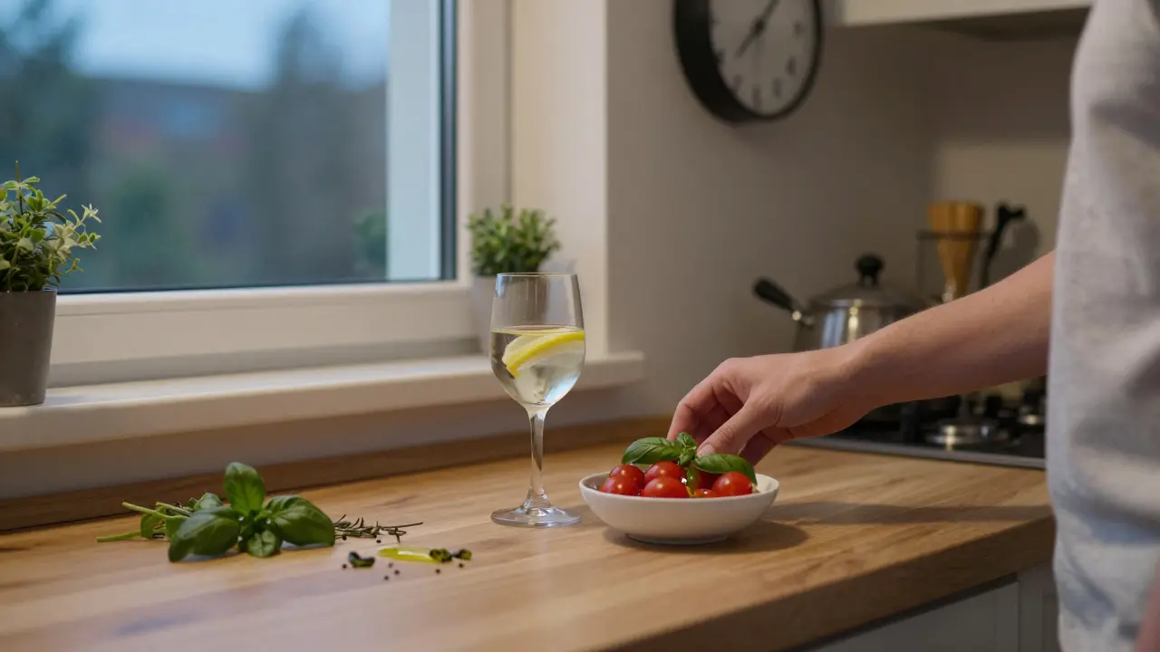 Osoba si připravuje předkus s citronovou vodou a rajčaty v kuchyni večer.