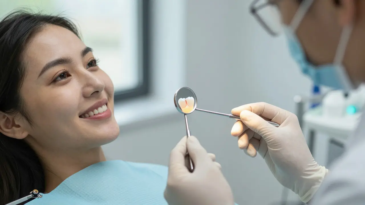 Patient smiling after dental procedure with dentist holding mirror showing restored tooth