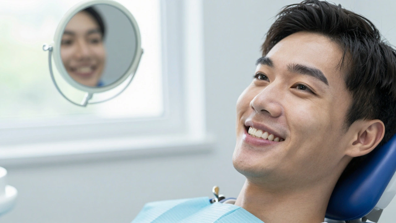 Patient smiling with a newly installed e-max crown blending naturally with teeth.