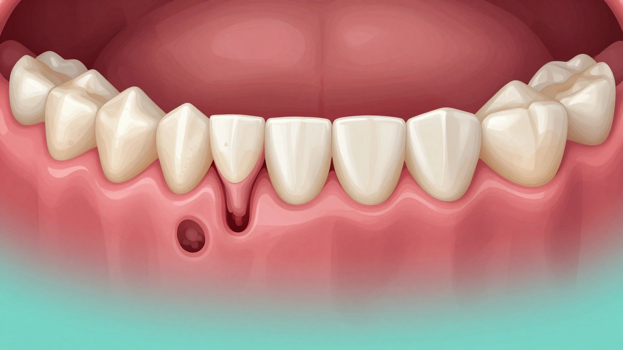 Porovnání zánětlivých a uzdravených dásní – na jedné straně otok a plak, na druhé čisté a zdravé tkáně.