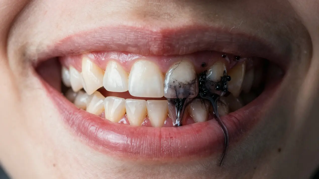 Porovnání zdravých a poškozených zubů s černým kamenem a zánětem dásní.