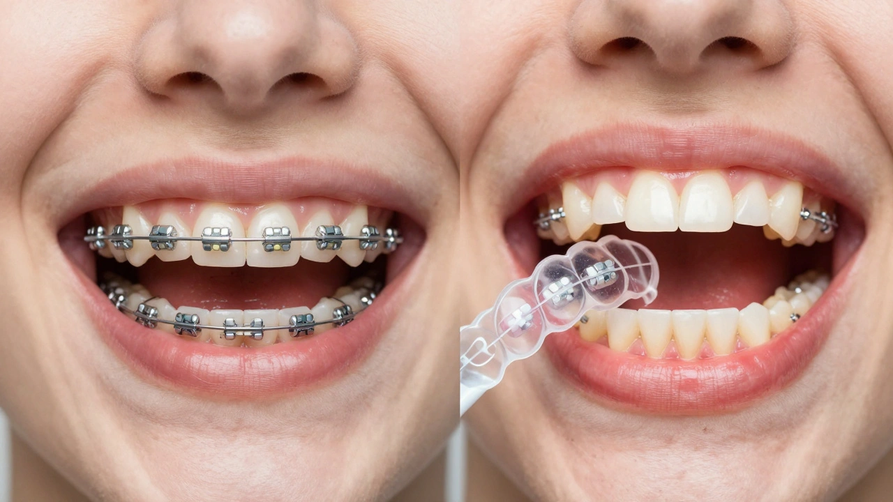 Porovnání zubů s klasickými drátky a neviditelnými rovnátky – zánět dásní vs. zdravé dásně.