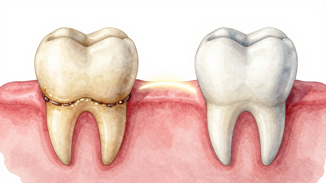 Porovnání zubu s plakem a zubním kamenem na levé straně a čistého zubu na pravé.