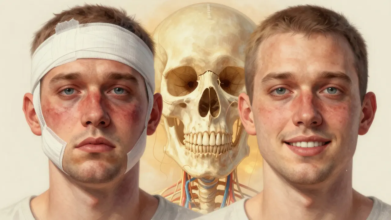 Postupná transformace obličeje od otoků k přirozenému vzhledu s přehledem kostní struktury.