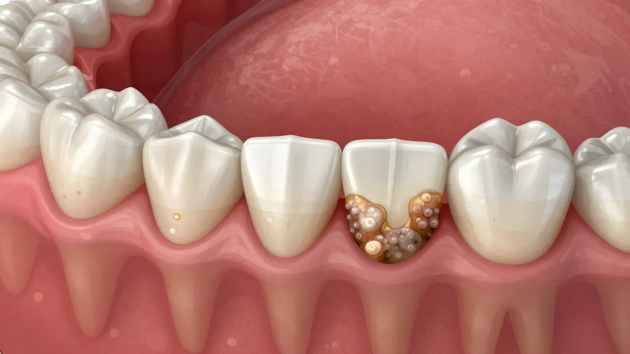 Přechod měkkého zubního plaku na tvrdý zubní kámen u dásní.