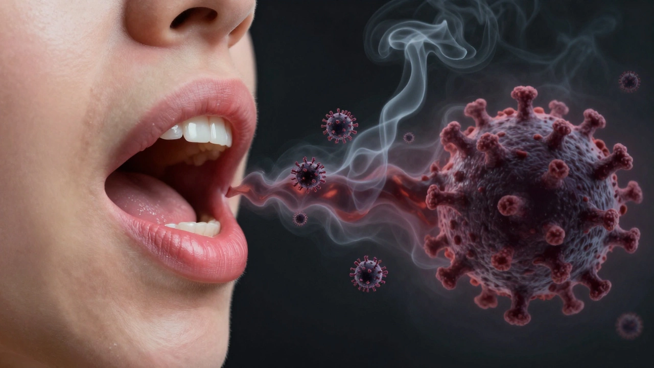 Přechod ze zdravé sliznice k nádorovému růstu s symbolickými prvky kouření a HPV.