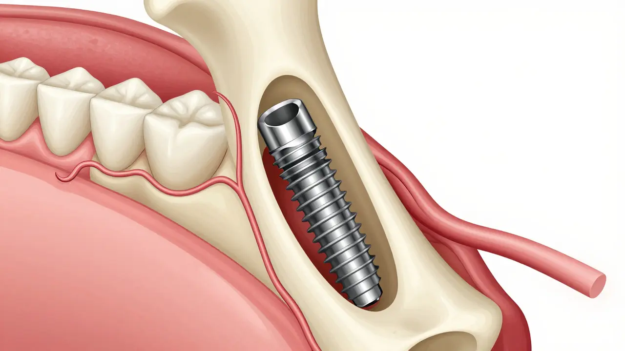 Průřez čelistí s titanovým implantátem a nově vyrůstající kostí kolem něj.