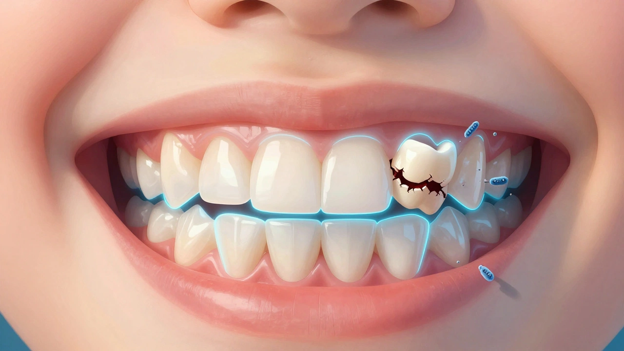 Průřez dětského ústního ústrojí ukazuje mléčné zuby jako nosiče trvalých zubů.