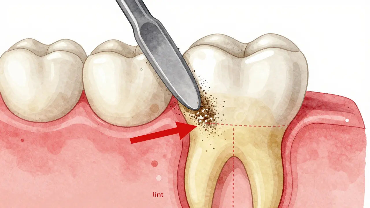 Průřez zubu s povrchovými skvrnami a zářivou bělou sklovinnou vrstvou.