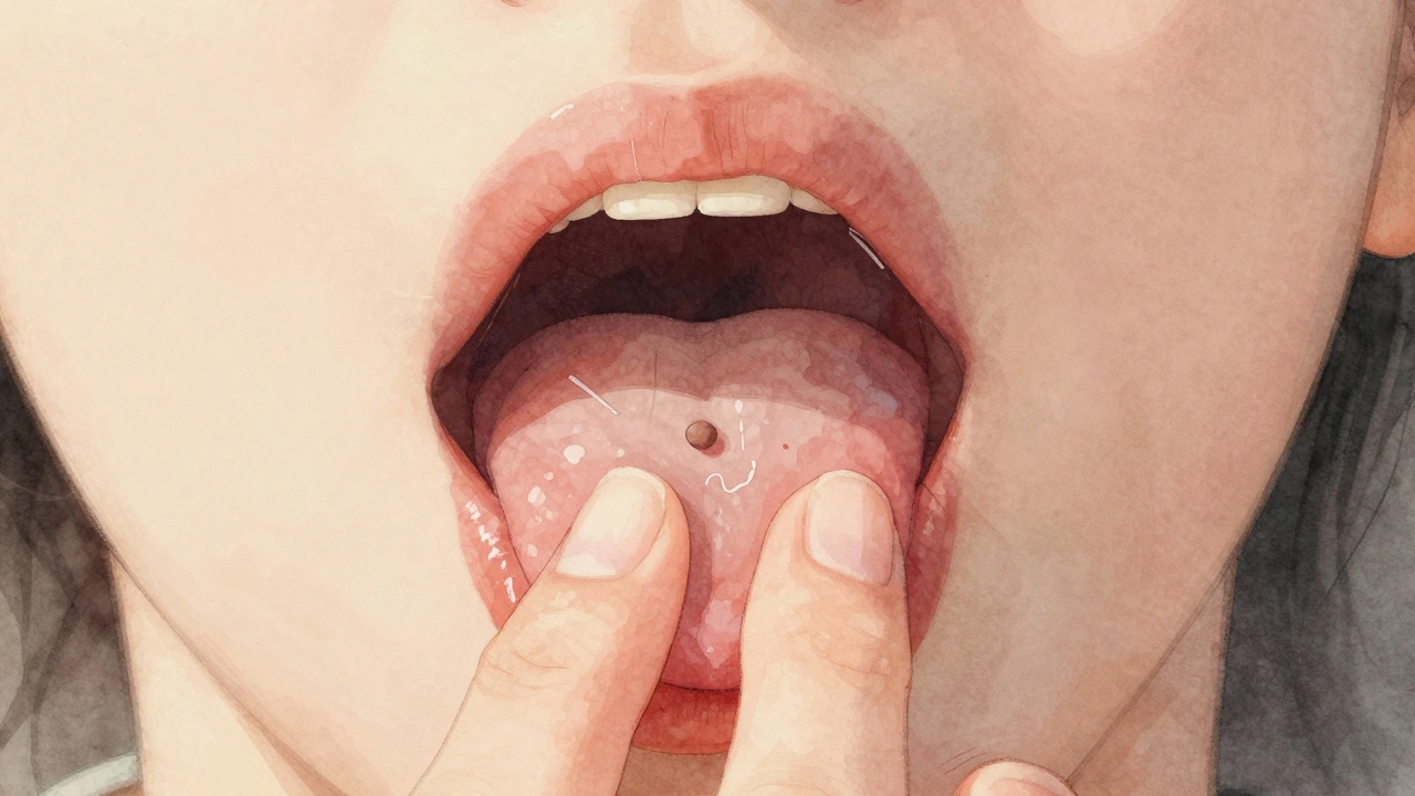 Ruka dotýkající se pod jazykem, kde je vidět tvrdý uzel pod sliznicí.