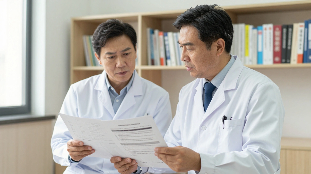 Stomatolog a internista společně prohlížejí léčebný plán diabetika s ortodontickou indikací.