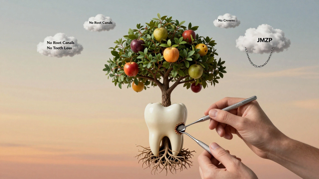 Strom rostoucí z zubu, jehož kořeny odstraňuje hygienička, symbolizující prevenci zubních chorob.