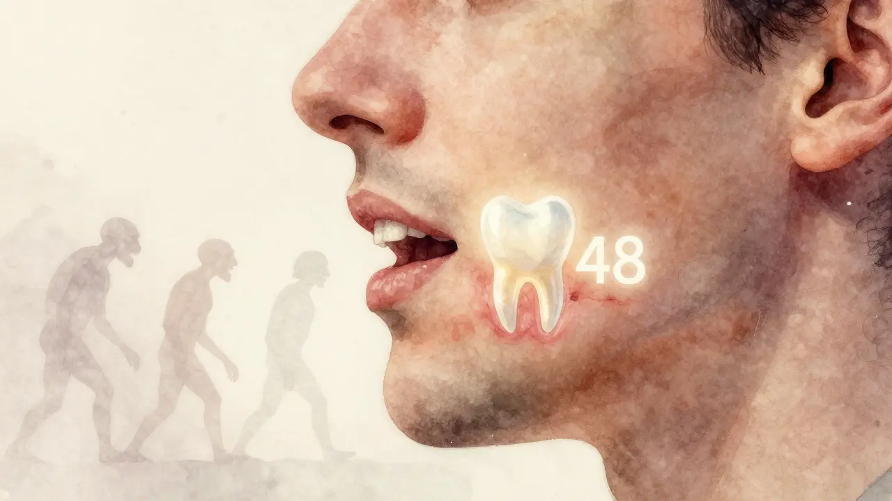 Symbolická ilustrace evolučního původu moudrostního zubu v čelisti.