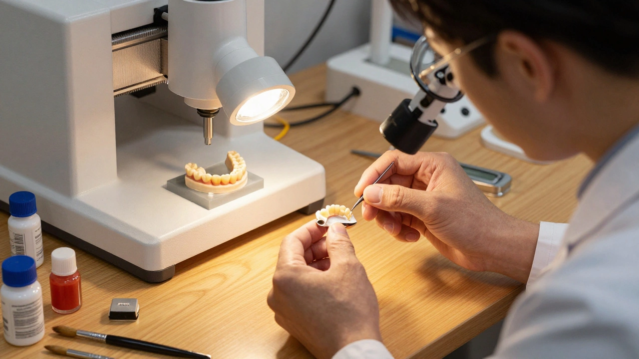 Technician inspecting a milled e-max ceramic crown in a dental laboratory.