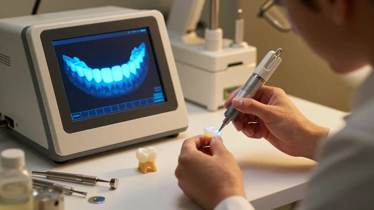 Technik v laboratoři vyrábí fazetu pomocí CAD/CAM technologie.