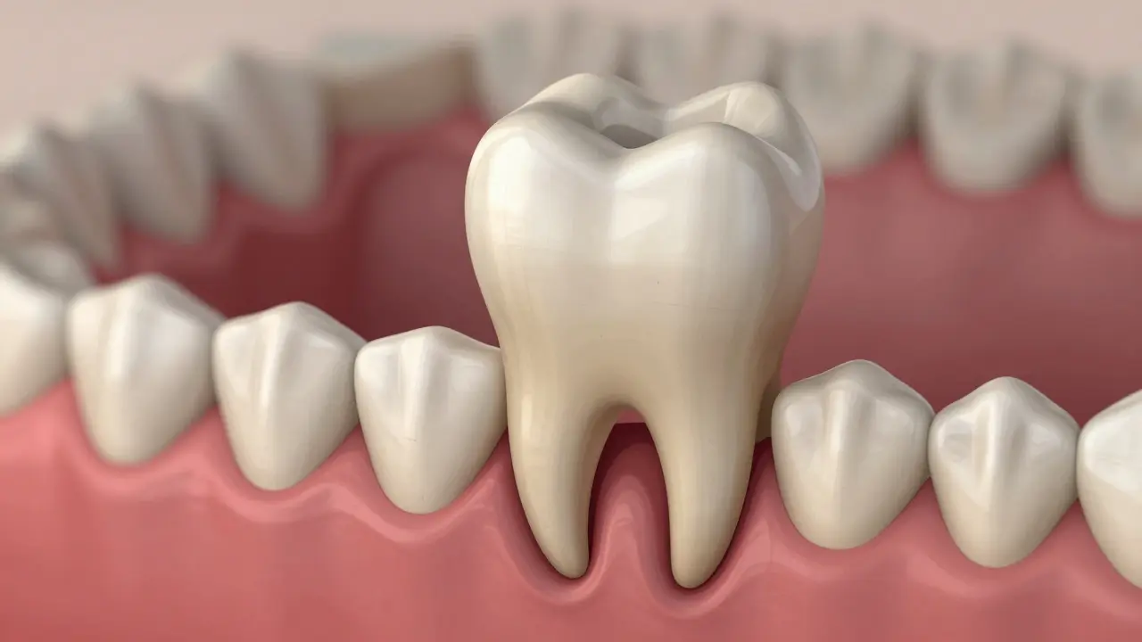 Umělecké znázornění zubu moudrosti, který tlačí na sousední zub a vytváří mezeru.