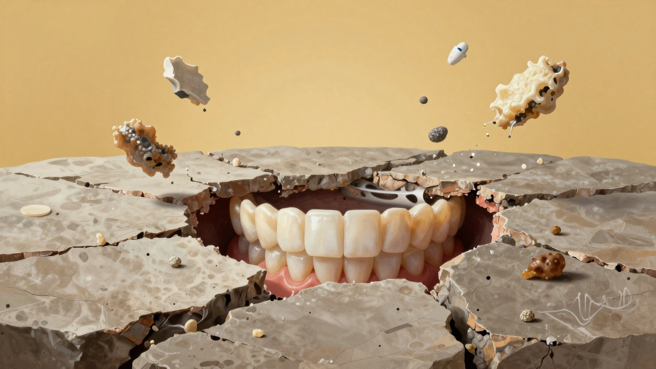 Úsměv vycházející z prasklého kamene, symbolizující čistotu po dentální hygieně.